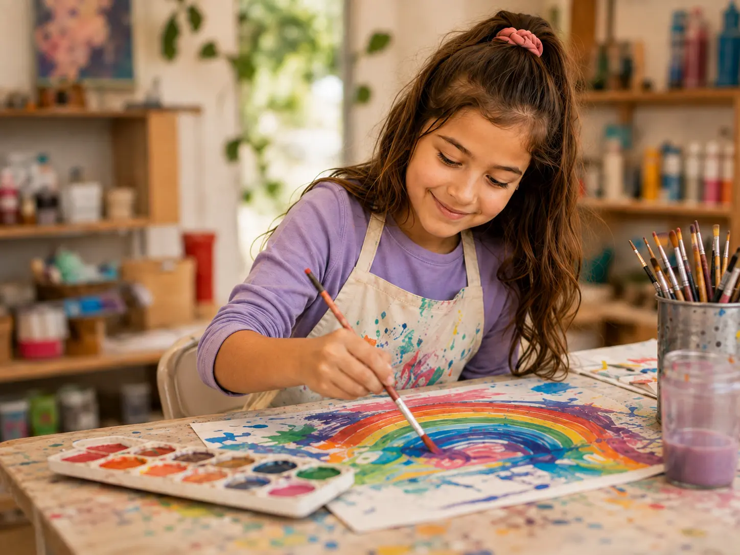 Child painting colorful artwork at an art table