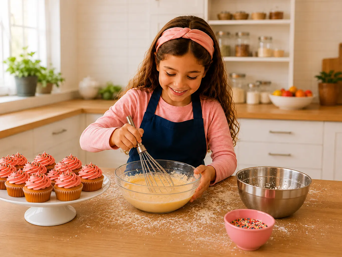 Child whisking batter beside decorated cupcakes