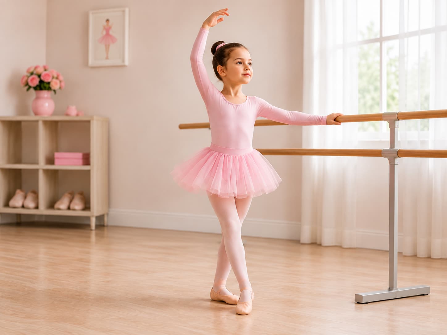 Child practicing ballet at a studio barre