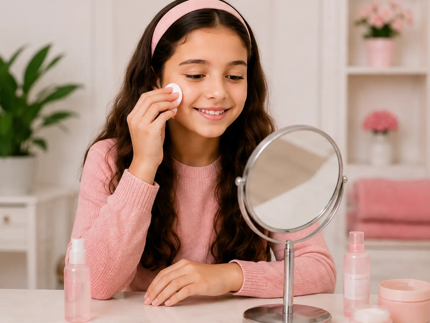 Child practicing a gentle skincare routine at a mirror