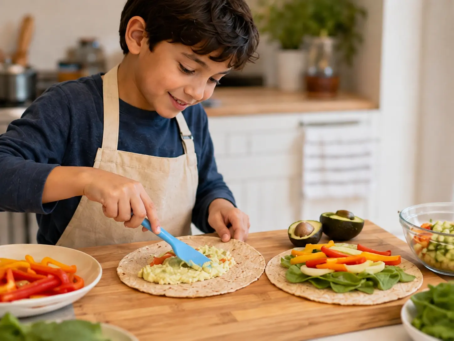 Child preparing colorful flatbreads in a kitchen