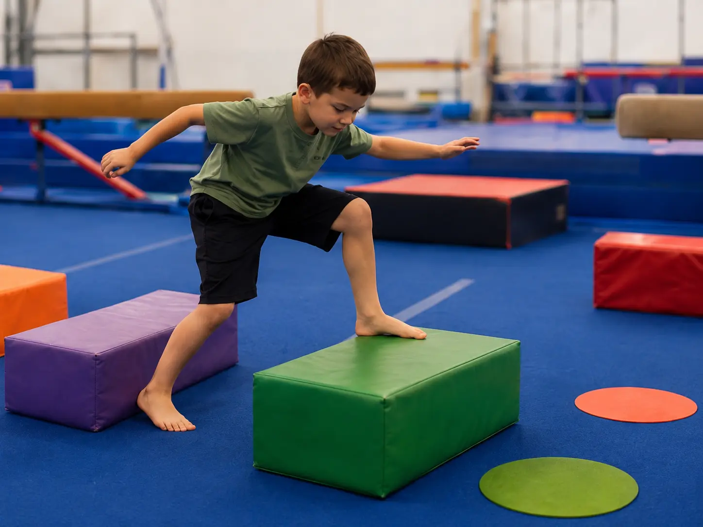 Child balancing through a colorful movement course