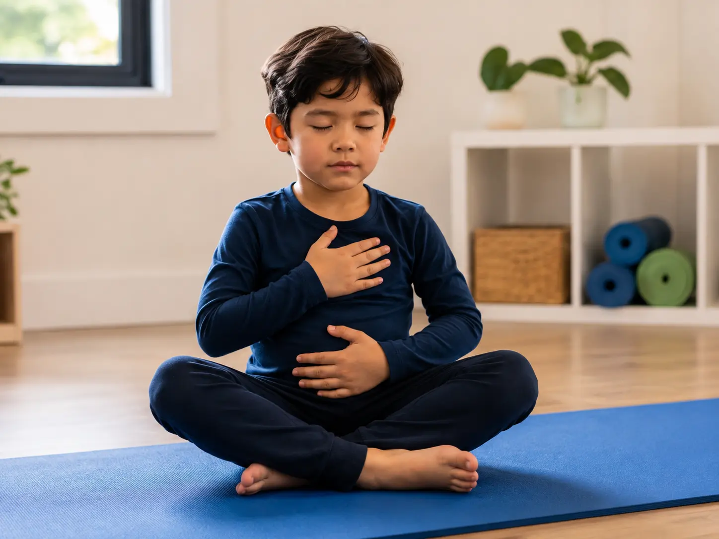 Child practicing a seated mindful breathing exercise