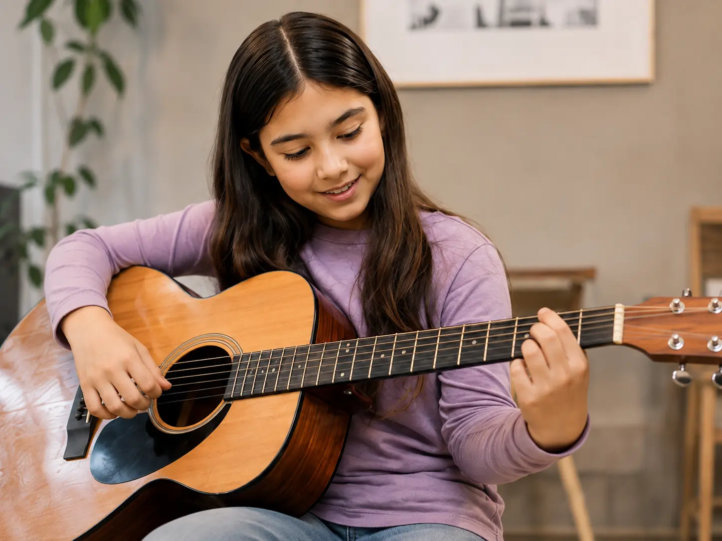 Child practicing acoustic guitar