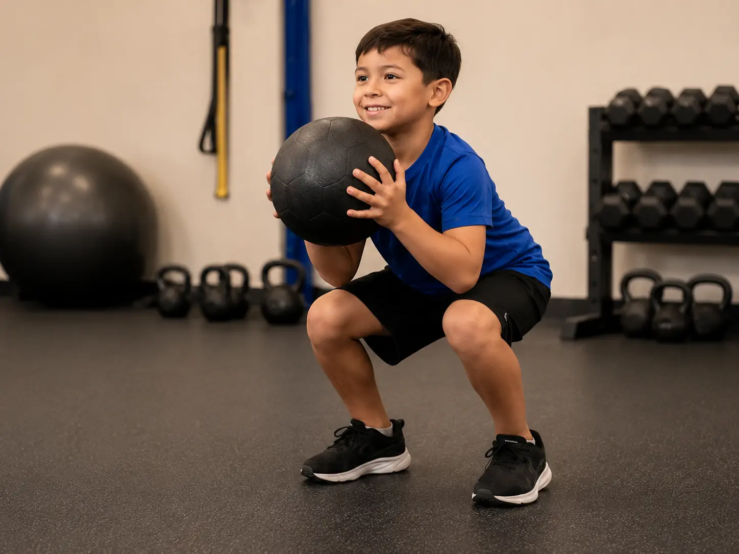 Child exercising with a medicine ball