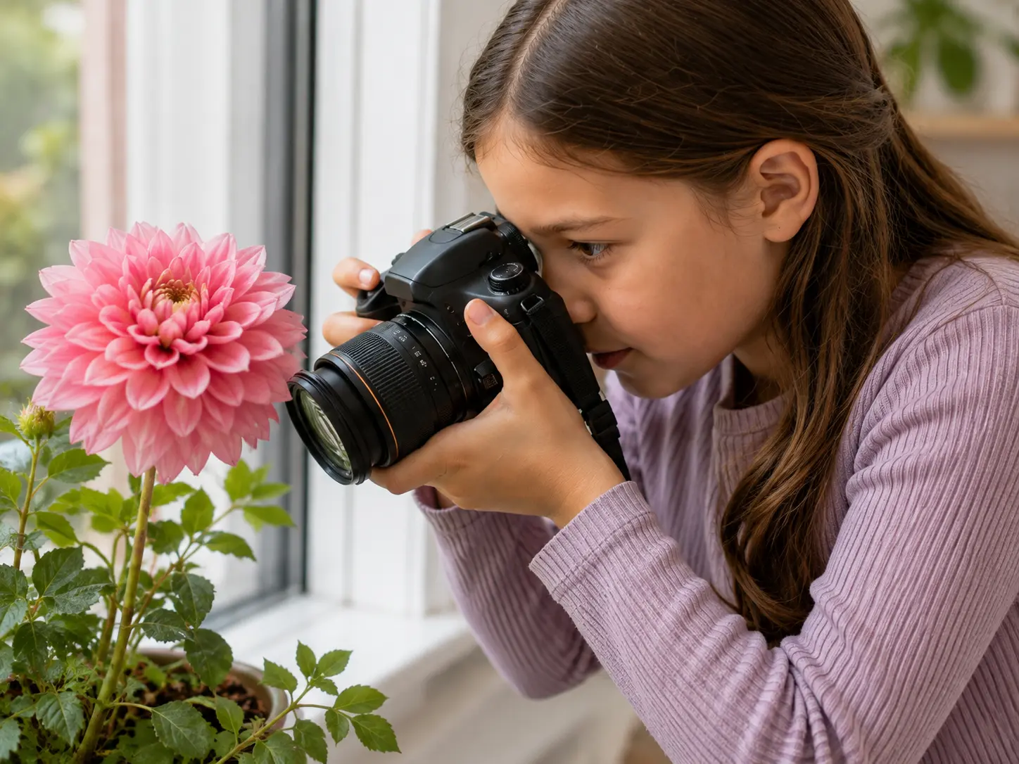 Child photographing a flower with a camera