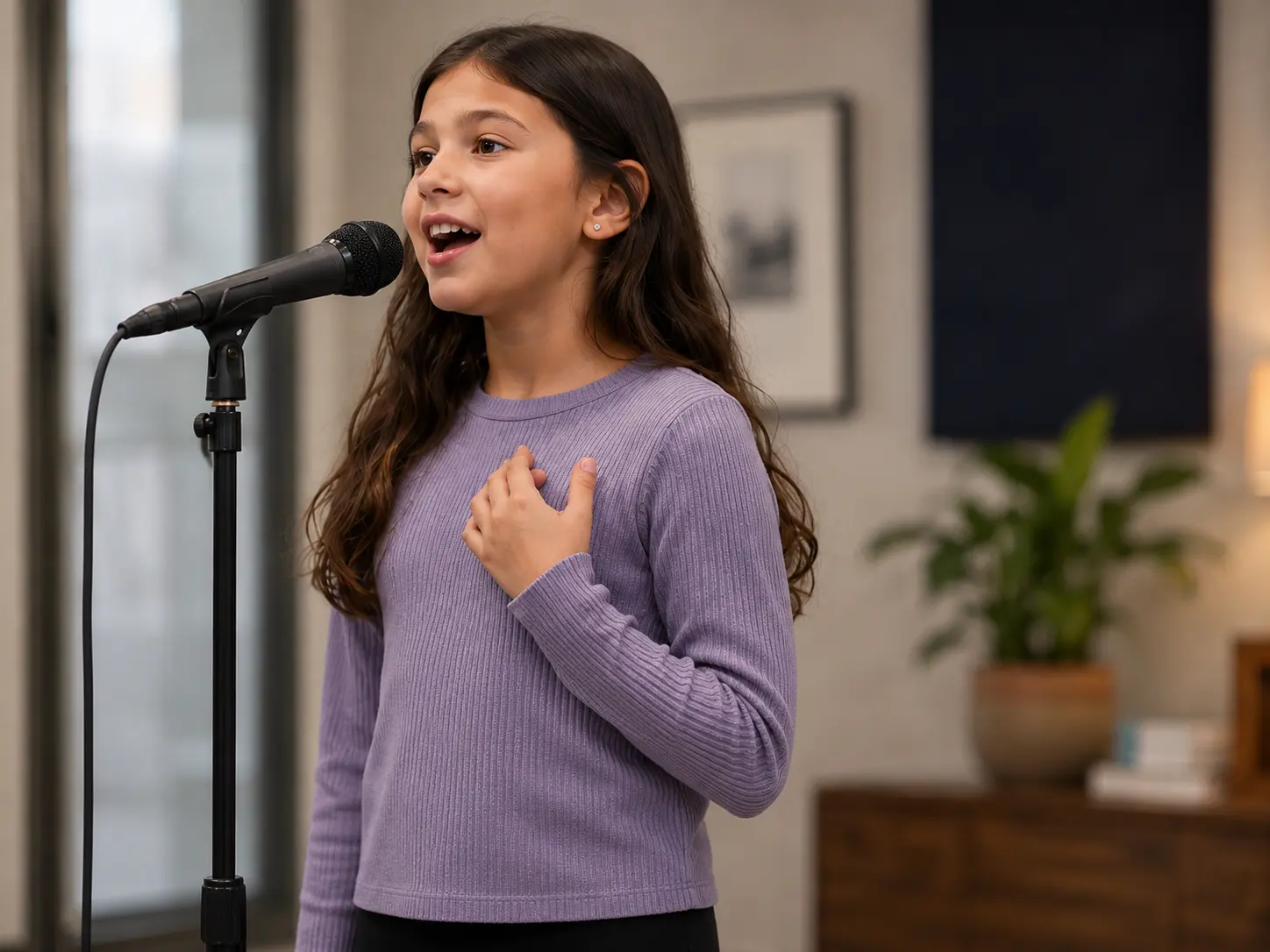 Child singing into a microphone