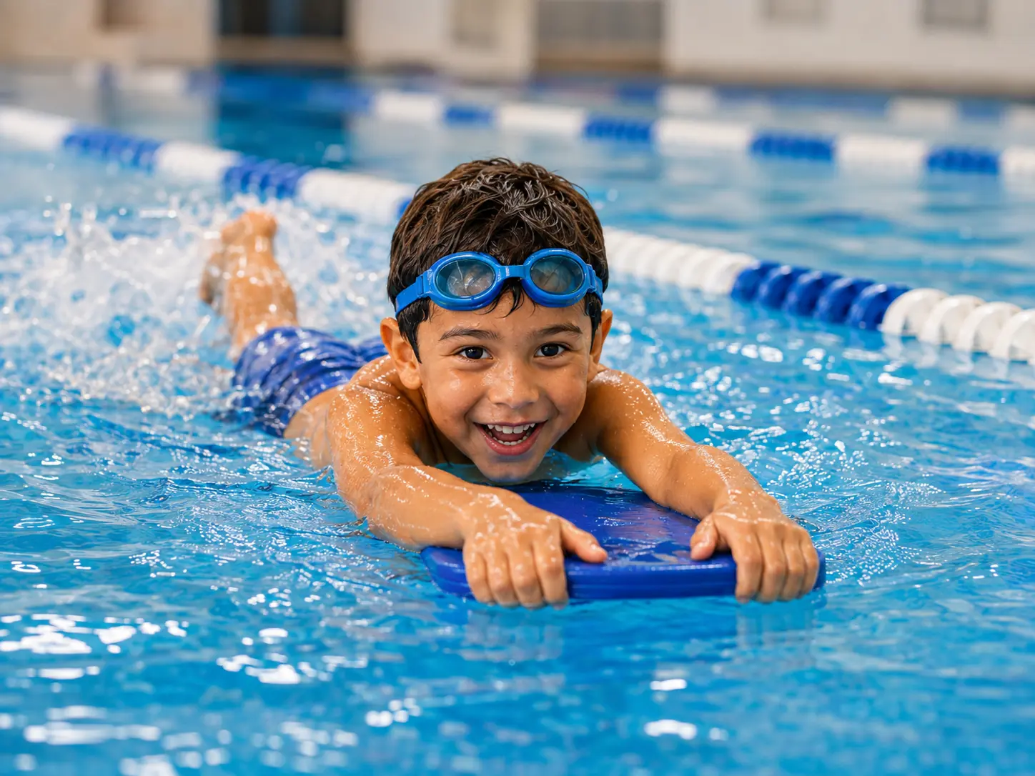 Child practicing swimming skills with a kickboard